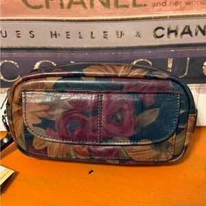 Patricia Nash Floral Leather Cosmetic Case in Burgundy, Navy & Tan